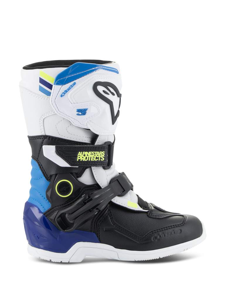 Alpinestars Kids Tech 3S Boots, Youth Motocross Boots, White and Black with Enamel Blue and Yellow accents, side view showing protective buckle straps and rugged sole, off-road racing footwear