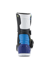 Alpinestars Kids Tech 3S Boots, Motocross Boots, White Black Enamel Blue, rear view featuring a blue padded heel section and translucent blue heel cup, durable off-road protective gear for kids