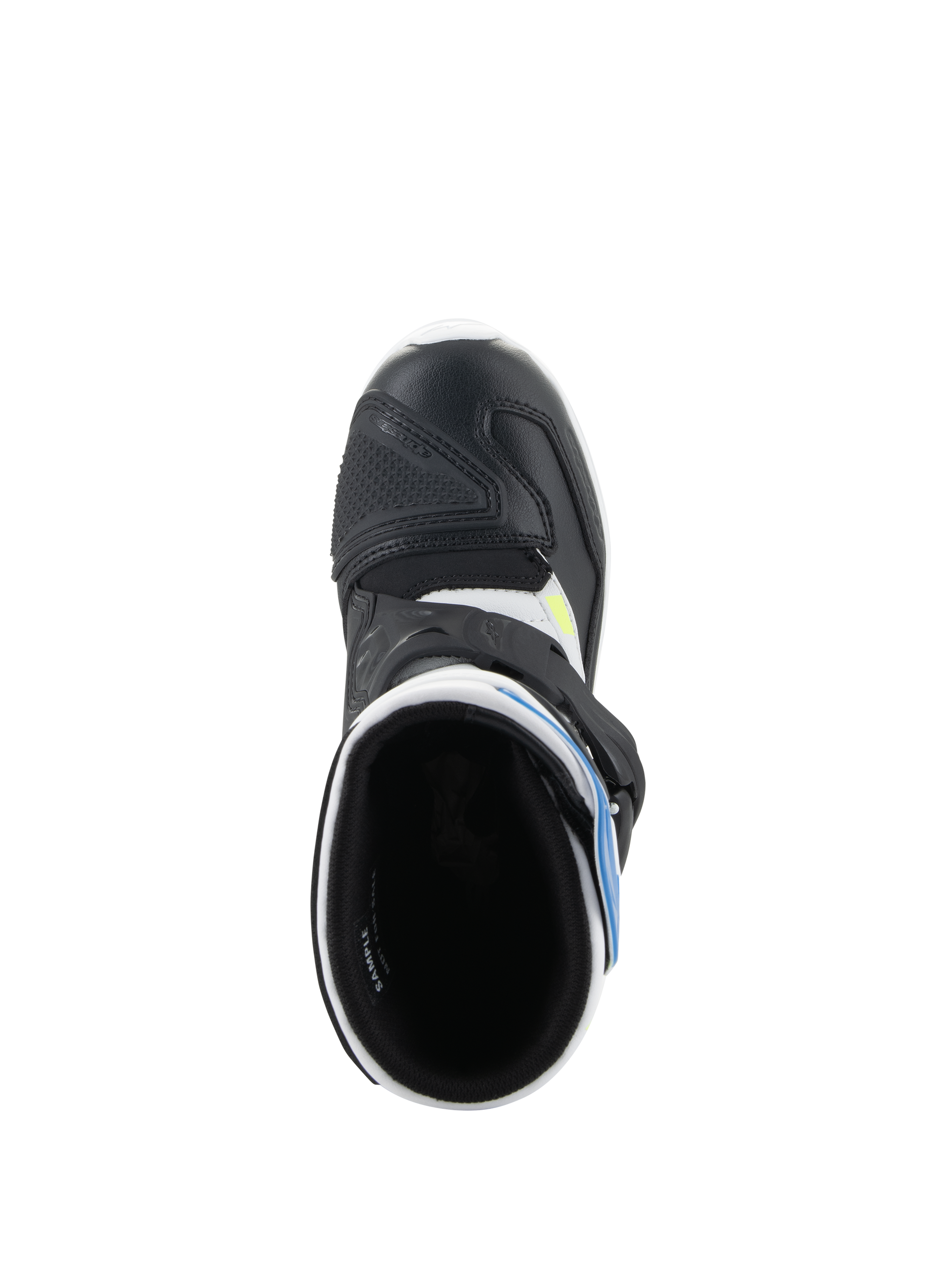 Alpinestars Kids Tech 3S Boots, Motocross Boots, White Black and Enamel Blue, top-down view showing the boot interior, black microfiber toe box with protective reinforcement, and blue accents, off-road riding footwear