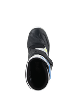 Alpinestars Kids Tech 3S Boots, Motocross Boots, White Black and Enamel Blue, top-down view showing the boot interior, black microfiber toe box with protective reinforcement, and blue accents, off-road riding footwear