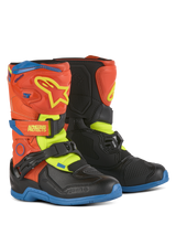 Alpinestars Kids Tech 3S Boots, Motocross Boots, Orange Fluo Enamel Blue and Yellow Fluo with black, featuring hook and loop closures, TPU shin plate, and durable rubber soles for youth off-road riding.