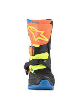 Alpinestars Kids Tech 3S Boots, Motocross Boots, Orange Fluo, Enamel Blue, and Yellow Fluo, front view featuring an orange shin plate with a yellow star logo, black buckle closures, and a blue sole, protective off-road footwear for youth riders
