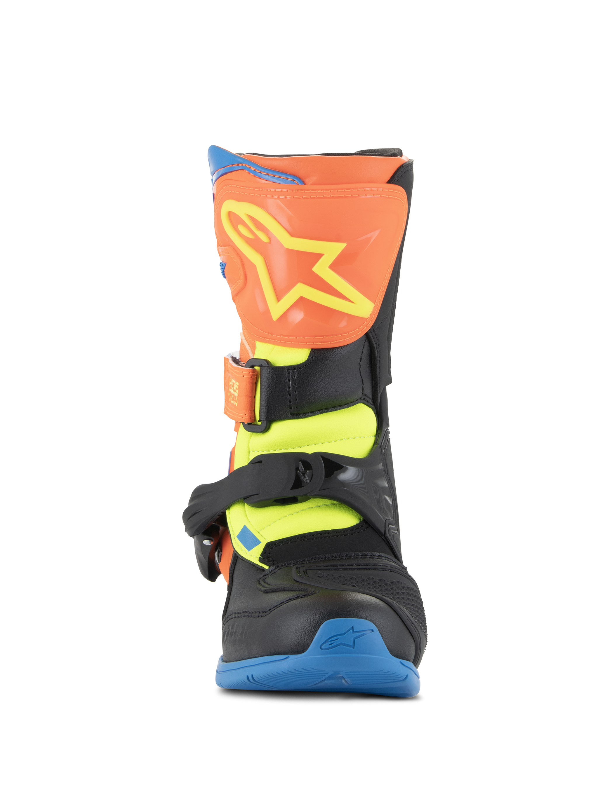 Alpinestars Kids Tech 3S Boots, Motocross Boots, Orange Fluo, Enamel Blue, and Yellow Fluo, front view featuring an orange shin plate with a yellow star logo, black buckle closures, and a blue sole, protective off-road footwear for youth riders