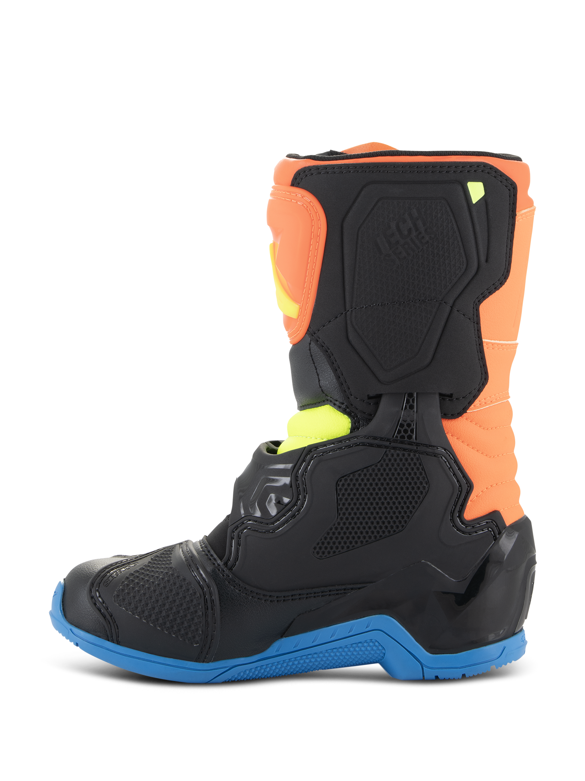 Alpinestars Kids Tech 3S Boots, Motocross Boots, Orange Fluo, Enamel Blue, and Yellow Fluo, side profile view featuring black protective panels, a blue sole, and orange upper, designed for youth off-road racing