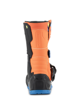 Alpinestars Kids Tech 3S Boots, Youth Motocross Boots, Orange Fluo and Enamel Blue, rear view showing the orange calf panel, black heel protector, and blue rubber outsole.