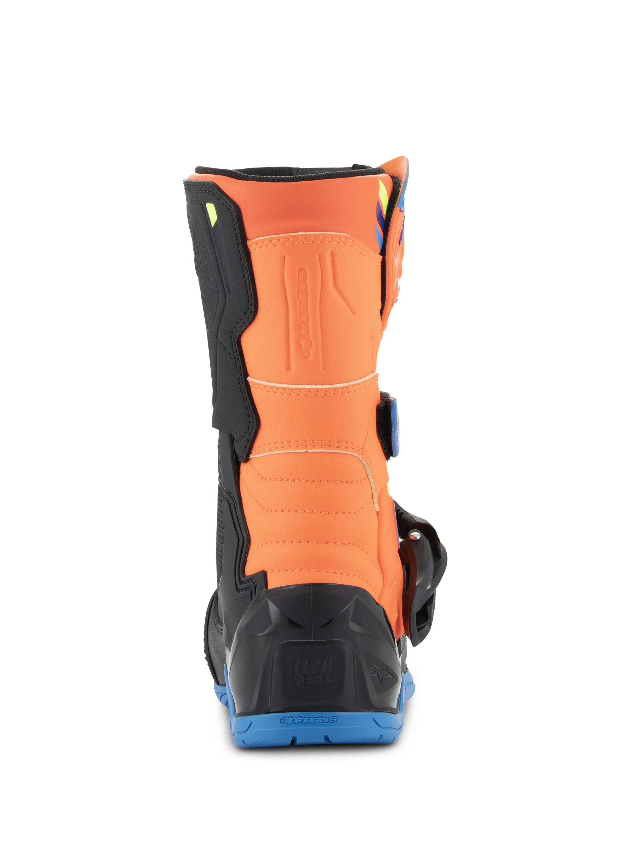 Alpinestars Kids Tech 3S Boots, Youth Motocross Boots, Orange Fluo and Enamel Blue, rear view showing the orange calf panel, black heel protector, and blue rubber outsole.