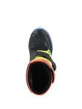 Alpinestars Kids Tech 3S Boots, Motocross Boots, Orange Fluo, Enamel Blue, and Yellow Fluo, top-down view looking into the cushioned opening, showing the black microfiber toe and buckle closure.