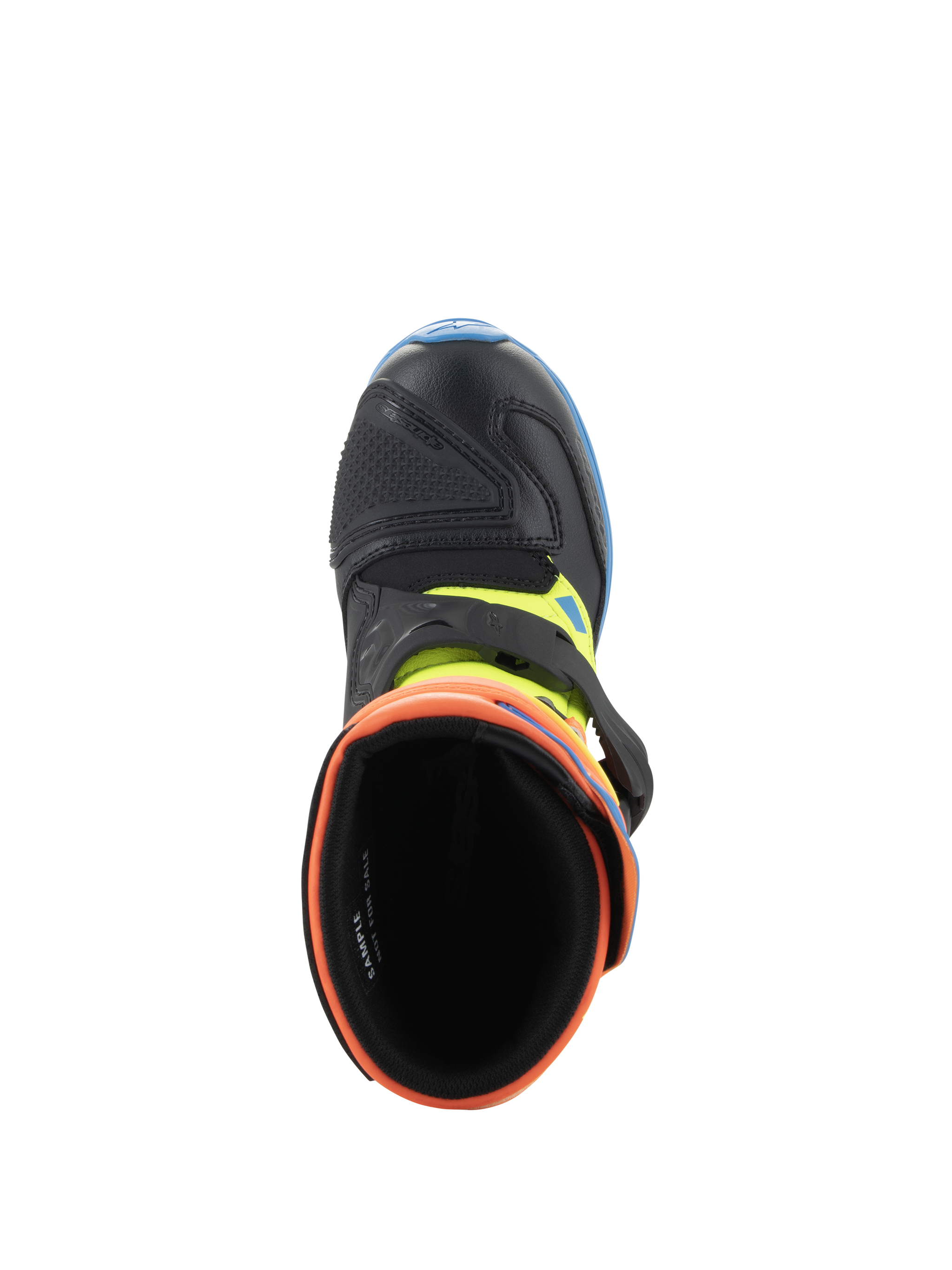 Alpinestars Kids Tech 3S Boots, Motocross Boots, Orange Fluo, Enamel Blue, and Yellow Fluo, top-down view looking into the cushioned opening, showing the black microfiber toe and buckle closure.