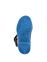 Alpinestars Kids Tech 3S Boots, Motocross Boots, Enamel Blue Sole View, high-grip rubber outsole with textured grip patterns, featuring embossed Alpinestars star logo and wordmark, durable off-road footwear design