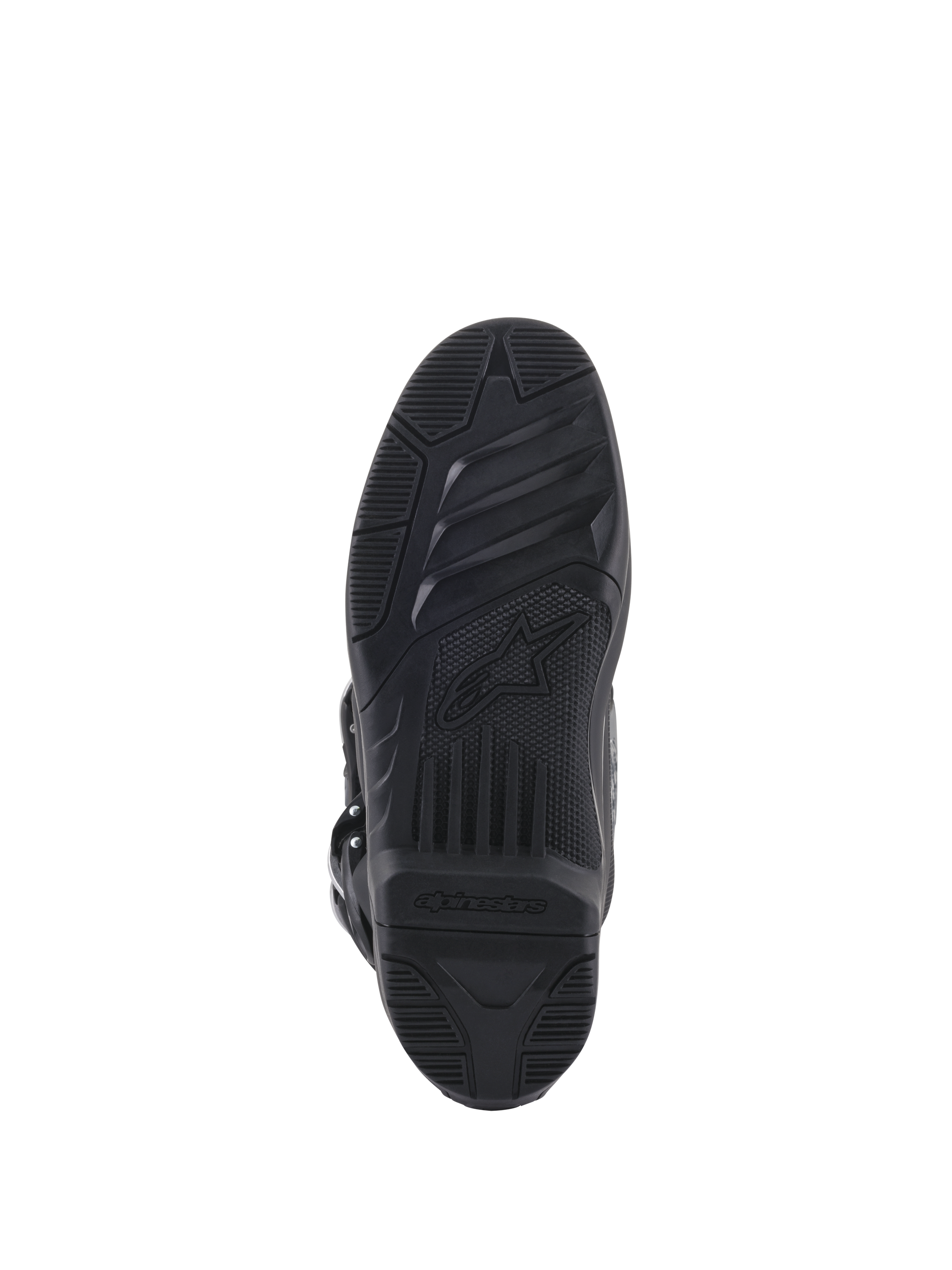 Alpinestars Tech 5 Boots, Motocross Outsole, Black, Dual-Compound Replaceable Sole with High-Grip Texture and Brand Logo.