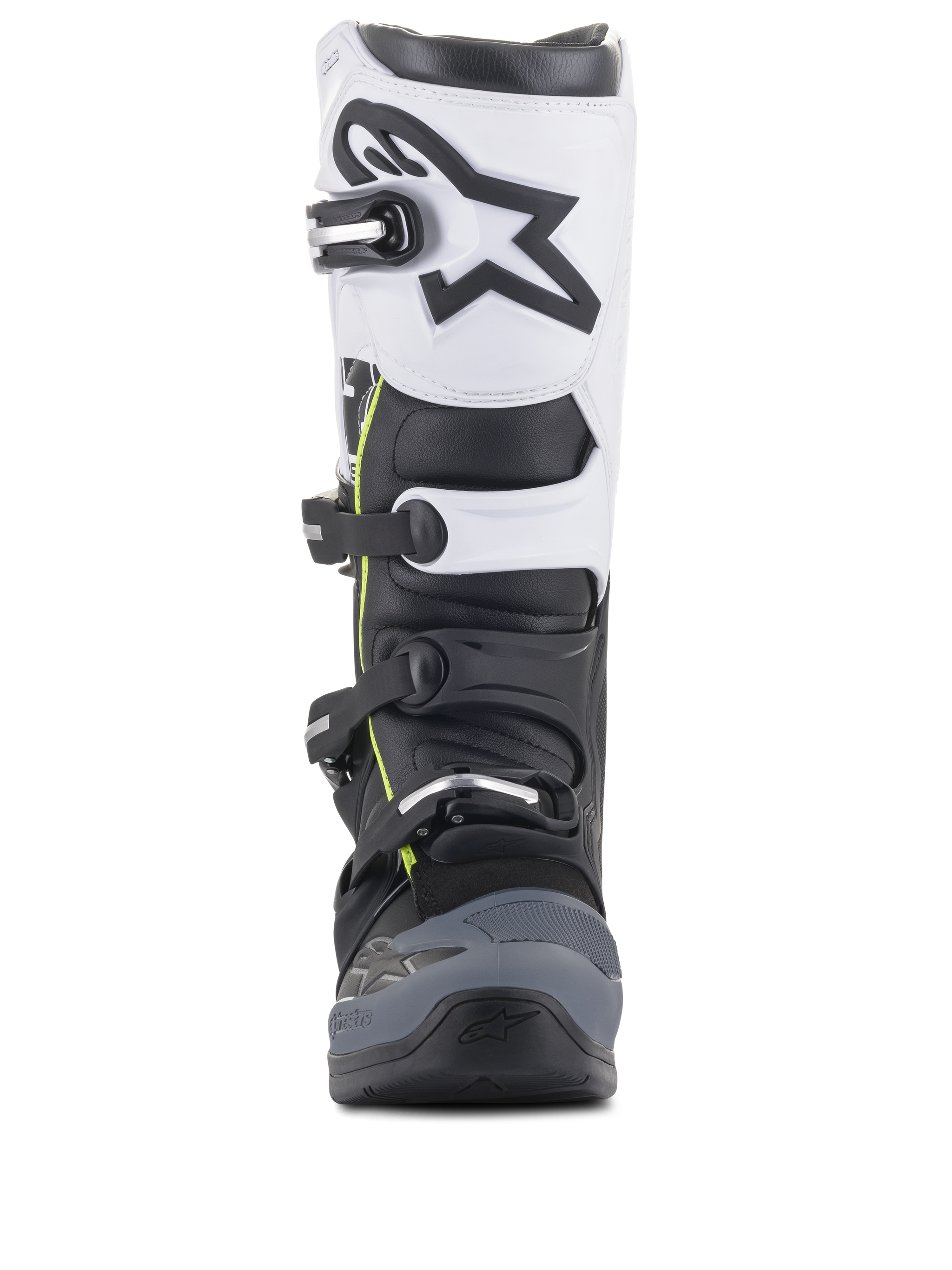 Alpinestars Tech 5 Boots, Motocross Boots, Black Dark Gray and White, front-facing view featuring a multi-buckle closure system, white upper panel with black Astars logo, dark gray reinforced toe, and subtle yellow accents