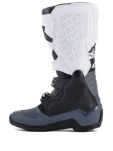 Alpinestars Tech 5 Boots, Motocross Boots, Black Dark Gray and White, side profile view featuring multiple buckle closures, embossed branding on the white shin plate, and durable construction for off-road performance