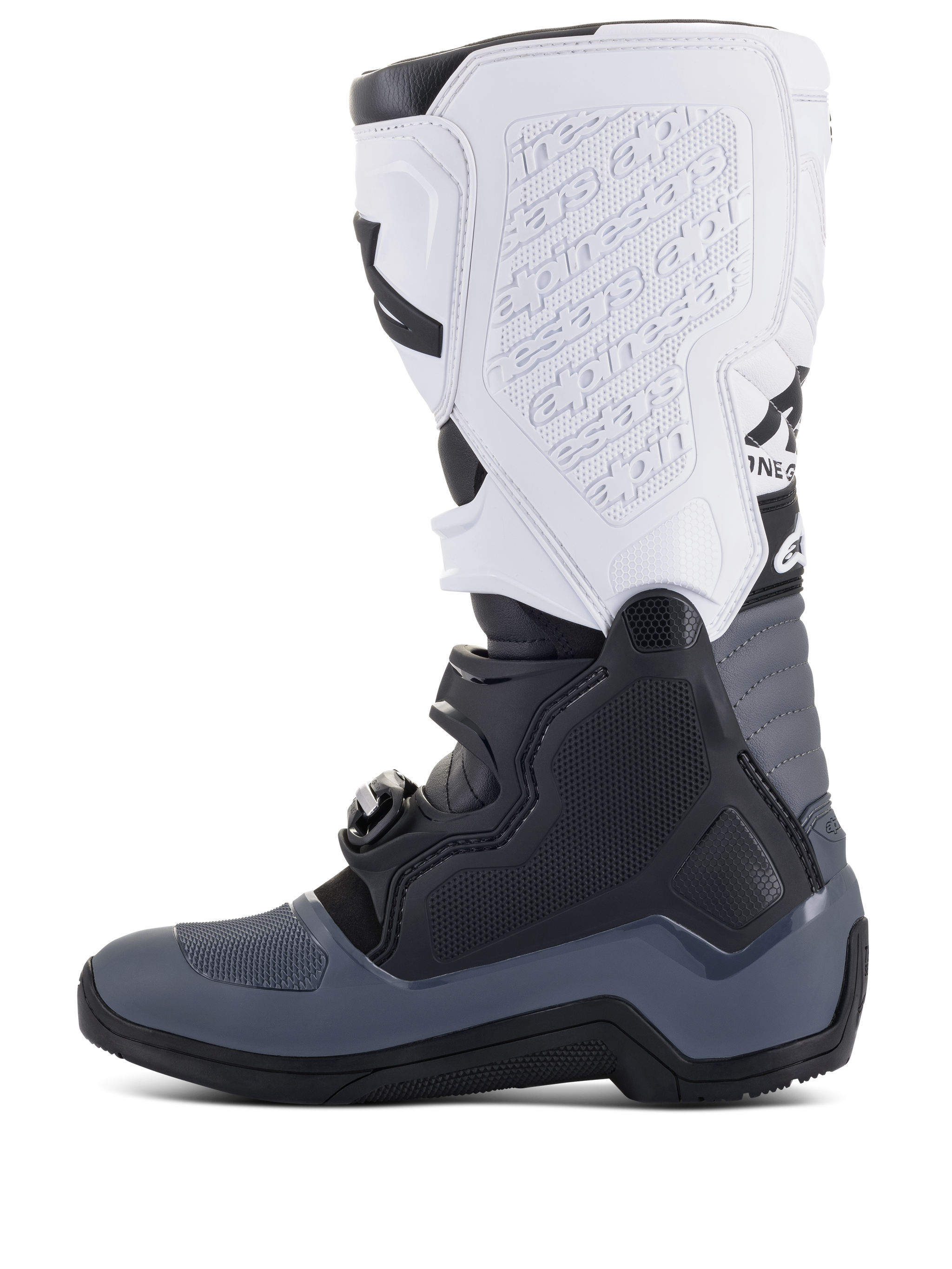 Alpinestars Tech 5 Boots, Motocross Boots, Black Dark Gray and White, side profile view featuring multiple buckle closures, embossed branding on the white shin plate, and durable construction for off-road performance