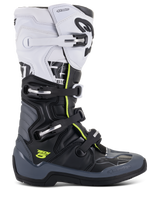 Alpinestars Tech 5 Boots, Motocross Racing Boots, White Black and Dark Gray with Fluorescent Yellow accents, featuring a four-buckle closure system, reinforced protection panels, and biomechanical pivot, premium microfiber construction for off-road performance