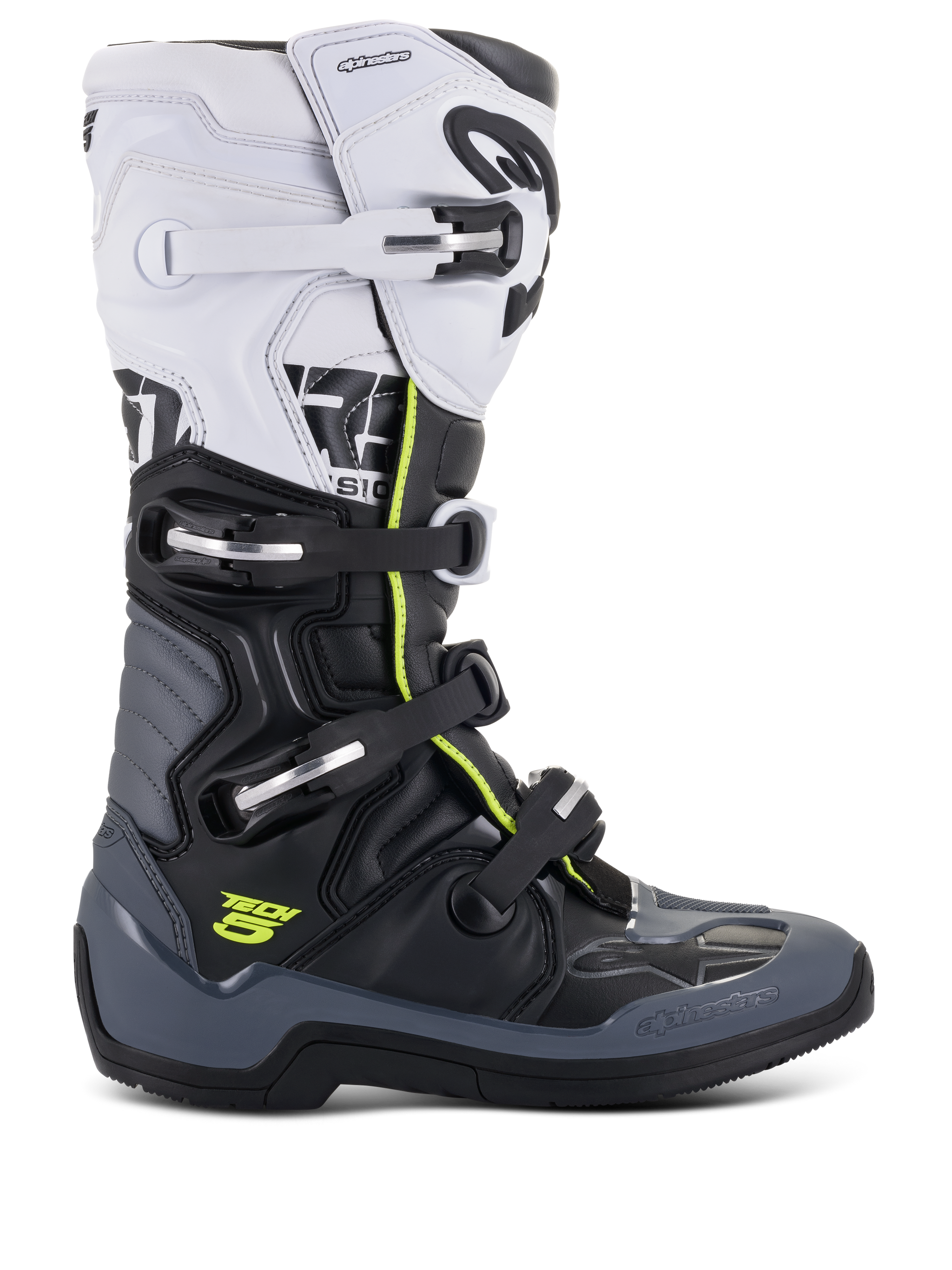 Alpinestars Tech 5 Boots, Motocross Racing Boots, White Black and Dark Gray with Fluorescent Yellow accents, featuring a four-buckle closure system, reinforced protection panels, and biomechanical pivot, premium microfiber construction for off-road performance