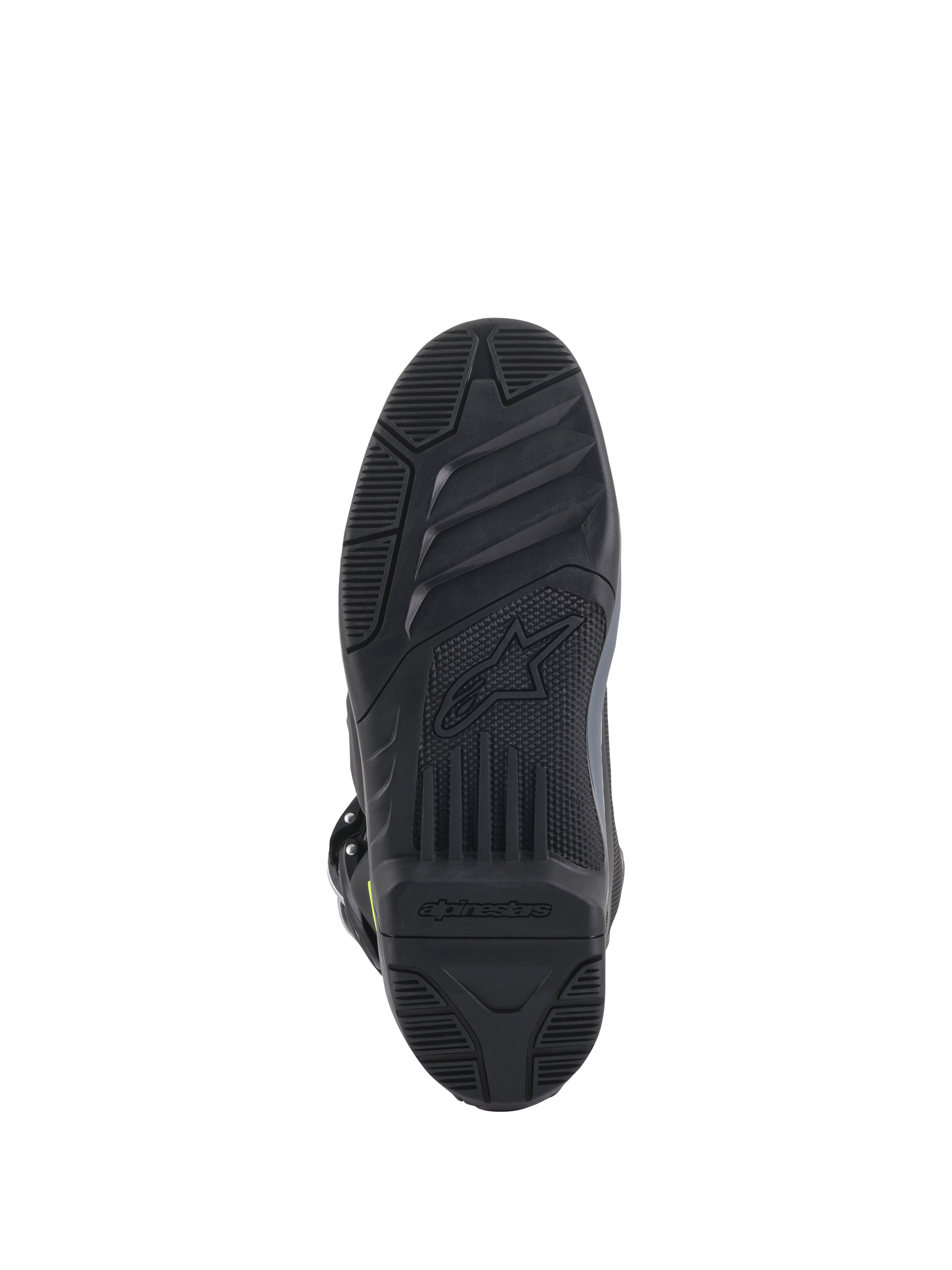 Alpinestars Tech 5 Boots, Sole View, Black, detailed textured tread pattern for off-road grip, featuring embossed Alpinestars logo and star symbol, durable motocross footwear construction
