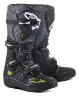 Alpinestars Tech 5 Boots, Motocross and Off-Road Boots, Black Cool Gray and Yellow Fluo, featuring a four-buckle closure system, white shin logos, and neon yellow accents, durable microfiber construction for off-road performance.