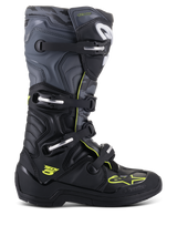 Alpinestars Tech 5 Boots, Motocross Off-Road Boots, side profile view, Black and Cool Gray with Yellow Fluo accents, featuring camouflage pattern, adjustable buckles, and rugged protective sole.