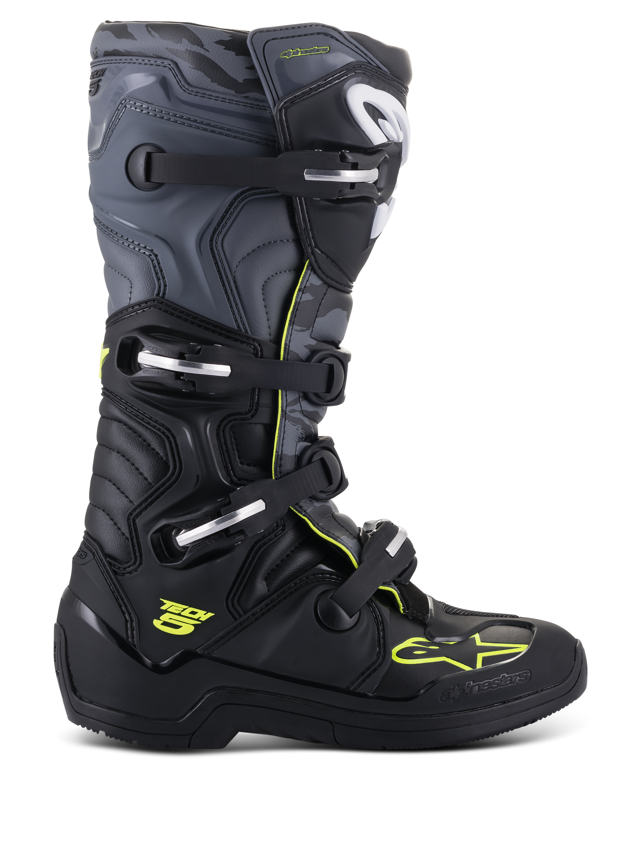Alpinestars Tech 5 Boots, Motocross Off-Road Boots, side profile view, Black and Cool Gray with Yellow Fluo accents, featuring camouflage pattern, adjustable buckles, and rugged protective sole.