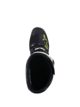 Alpinestars Tech 5 Boots, top-down view, Black with Yellow Fluo logo on the toe box, showing the interior lining and buckle closure, high-performance motocross and off-road footwear