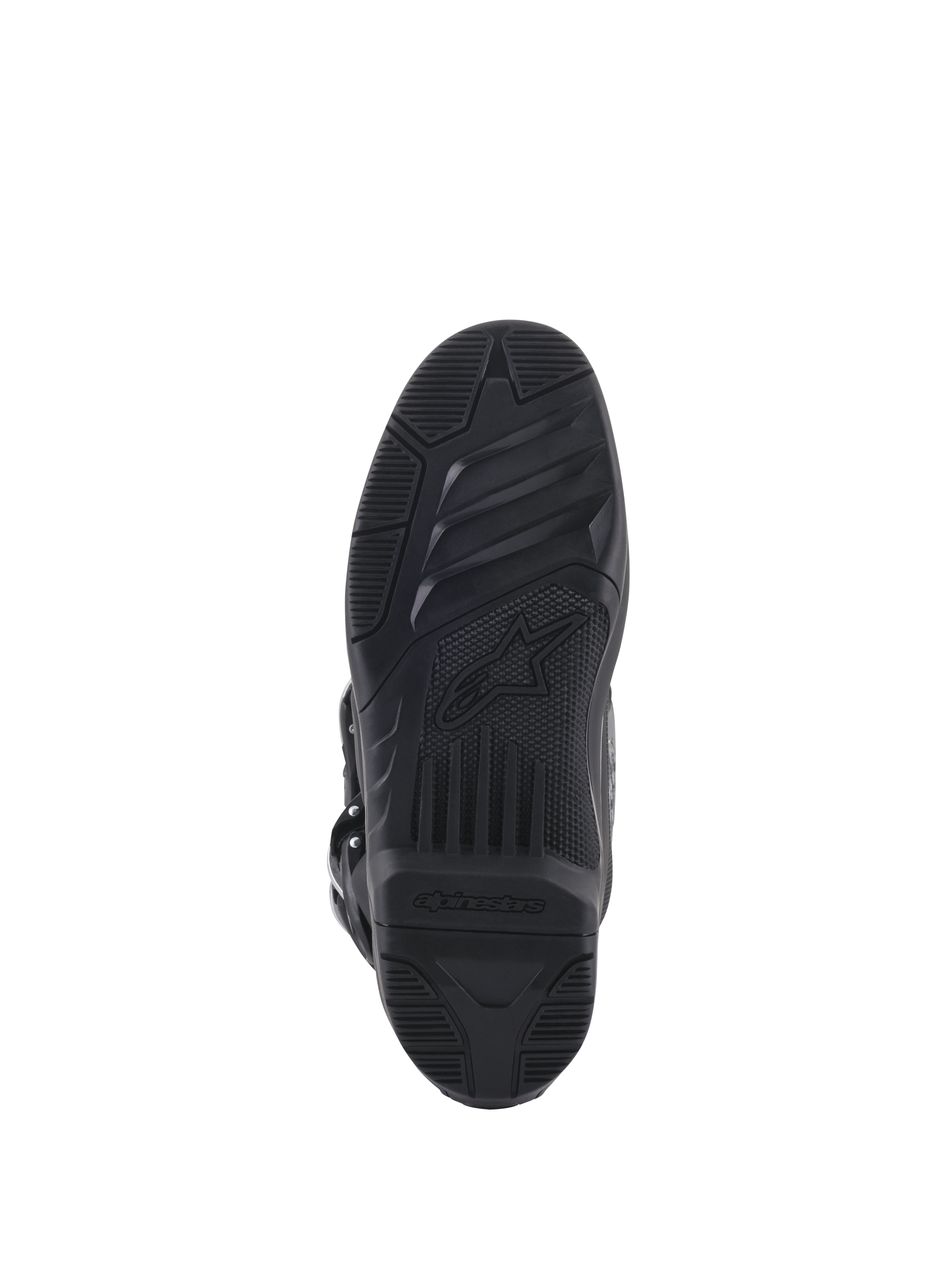 Alpinestars Tech 5 Boots, bottom view of sole, black rubber with textured grip patterns, featuring Alpinestars star logo and branding, durable design for motocross and off-road traction
