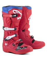 Alpinestars Tech 5 Boots, Motocross Boots, Bright Red and Alpine Blue, featuring four white adjustable buckles, white Alpinestars logo on the shin and toe, blue top collar, and black protective panels, designed for off-road performance and durability