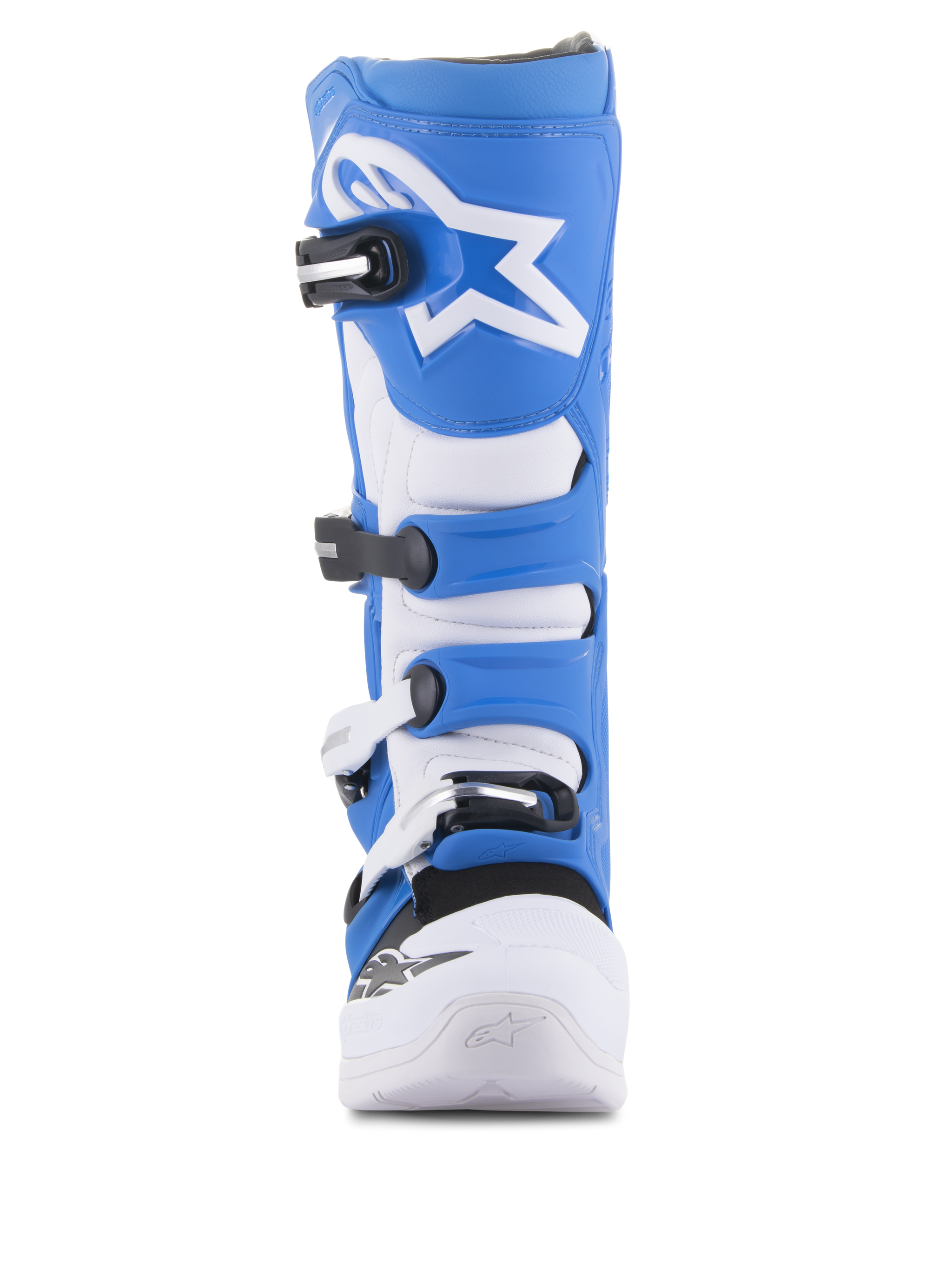 Alpinestars Tech 5 Boots, Motocross Boots, Blue and White, front-facing view, featuring a four-buckle closure system, white Alpinestars star logo on the blue shin plate, and durable microfiber chassis with reinforced white toe.
