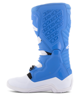Alpinestars Tech 5 Boots, Motocross Boots, Blue and White, side profile showing medial panel with embossed branding, textured grip surfaces, and durable white sole for off-road protection.
