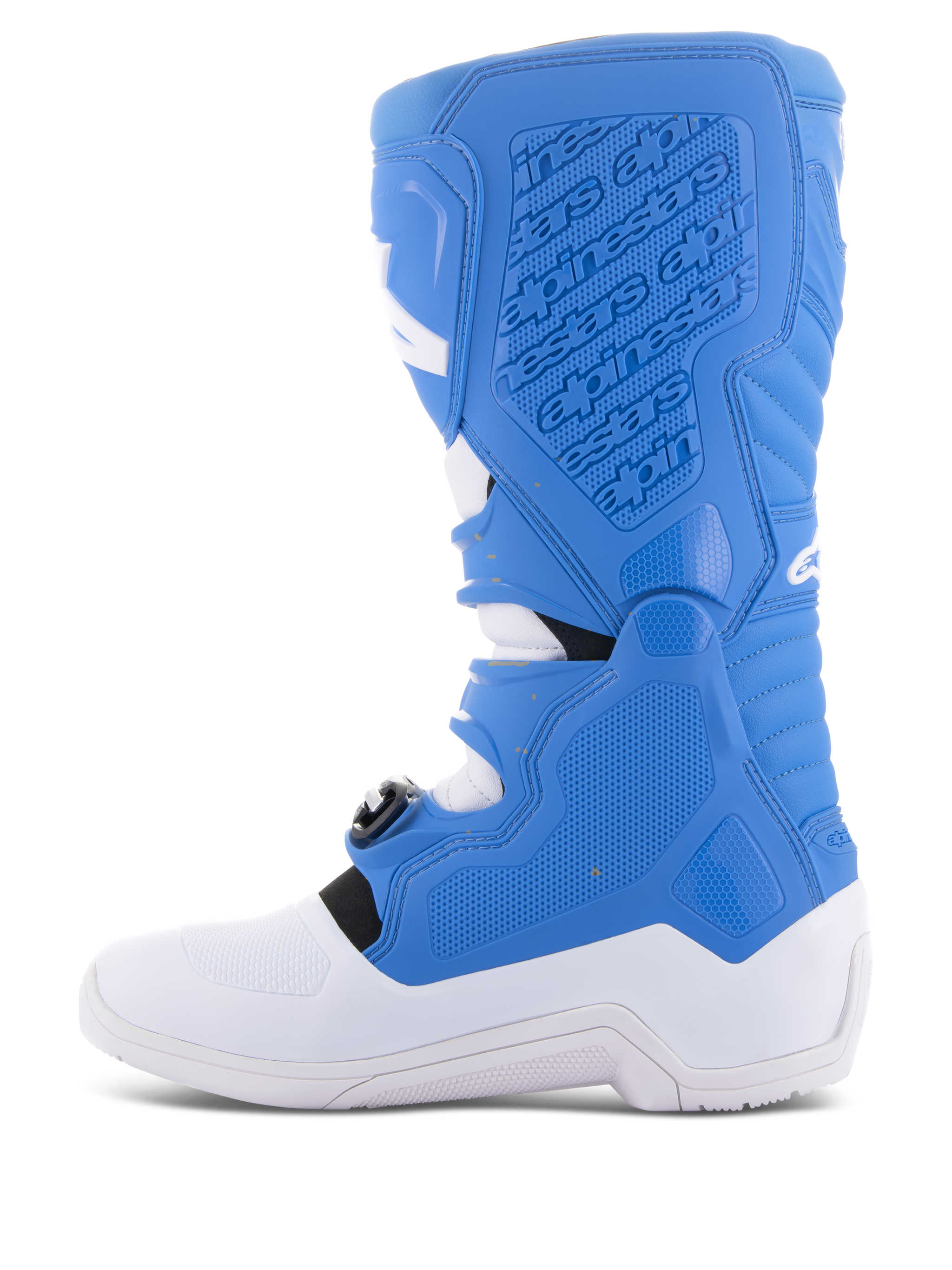 Alpinestars Tech 5 Boots, Motocross Boots, Blue and White, side profile showing medial panel with embossed branding, textured grip surfaces, and durable white sole for off-road protection.