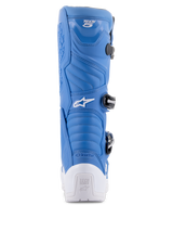 Alpinestars Tech 5 Boots, Blue and White, rear view showing the white protective heel with Tech Series logo, blue microfiber upper with accordion flex zones, and black buckle system, performance motocross footwear