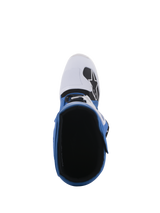 Alpinestars Tech 5 Boots, Blue and White, top-down perspective showing the interior lining and white toe box with black logo, multi-panel construction for off-road and motocross racing