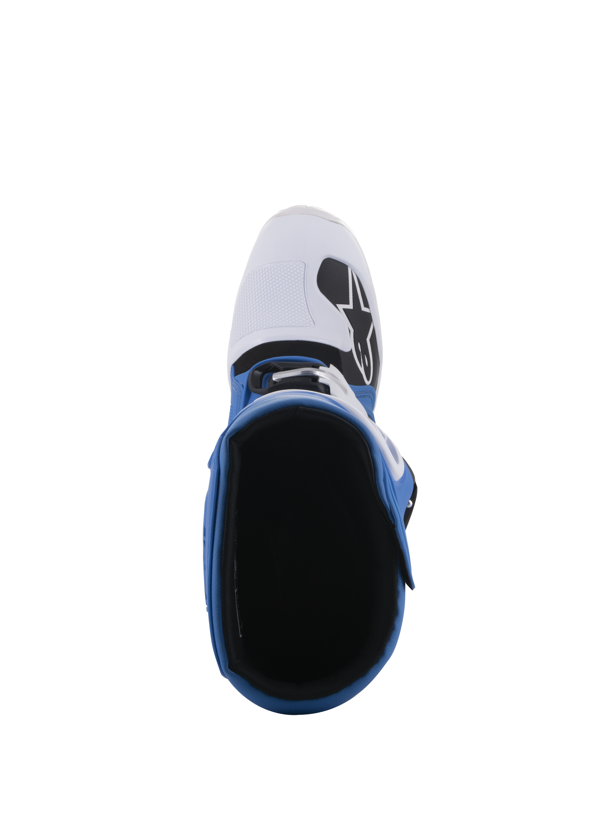 Alpinestars Tech 5 Boots, Blue and White, top-down perspective showing the interior lining and white toe box with black logo, multi-panel construction for off-road and motocross racing