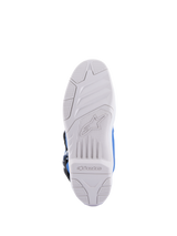 Alpinestars Tech 5 Boots, Motocross Boots, Blue and White, sole view featuring white rubber outsole with embossed Alpinestars logo and textured grip pattern, durable construction for off-road riding