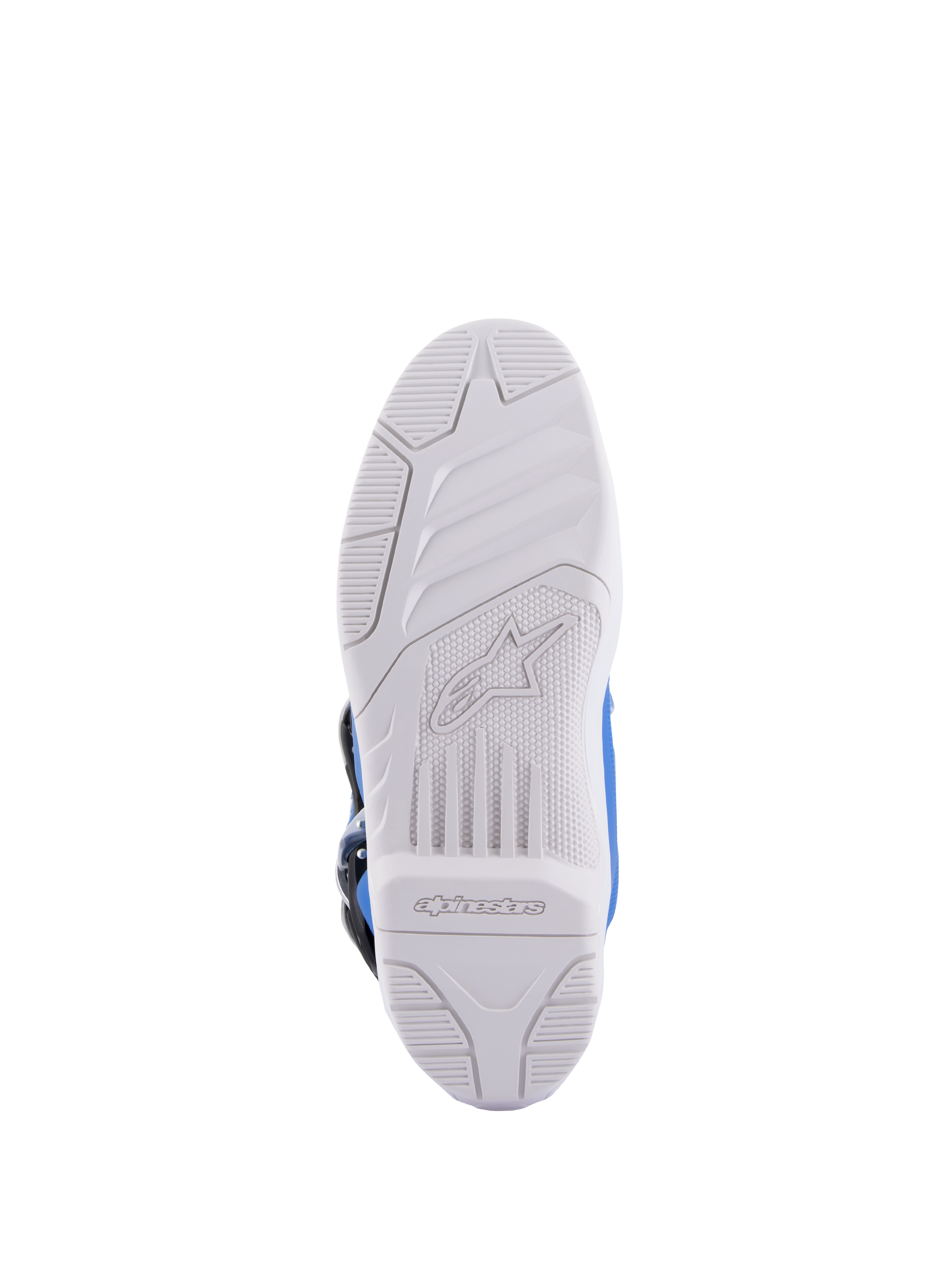 Alpinestars Tech 5 Boots, Motocross Boots, Blue and White, sole view featuring white rubber outsole with embossed Alpinestars logo and textured grip pattern, durable construction for off-road riding