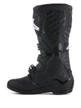 Alpinestars Tech 5 Boots, black motocross racing boots featuring a TPU shin plate and biomechanical pivot system.