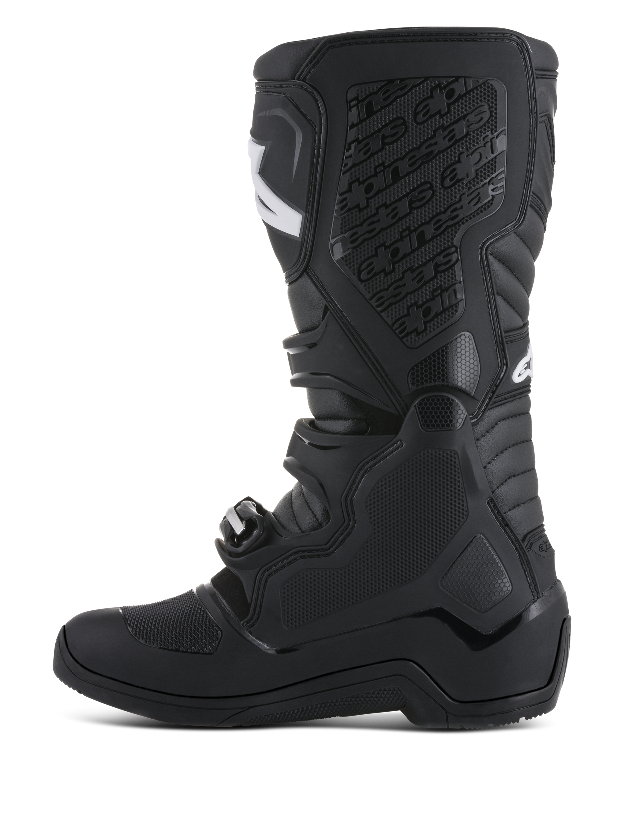Alpinestars Tech 5 Boots, black motocross racing boots featuring a TPU shin plate and biomechanical pivot system.