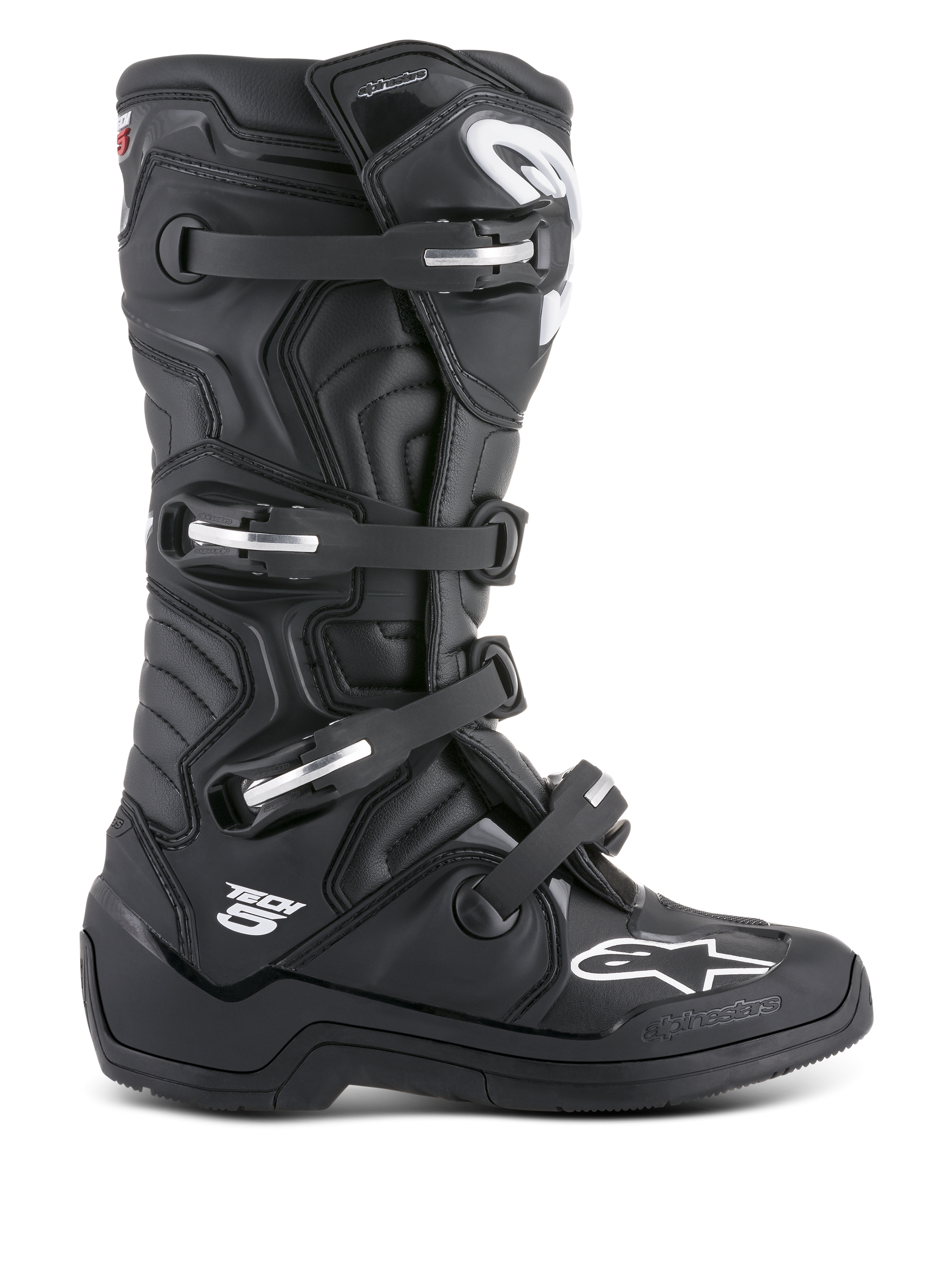 Alpinestars Tech 5 Boots, Black Motocross Boots, Unisex, Synthetic Microfiber and TPU, CE Certified, aluminum buckles.