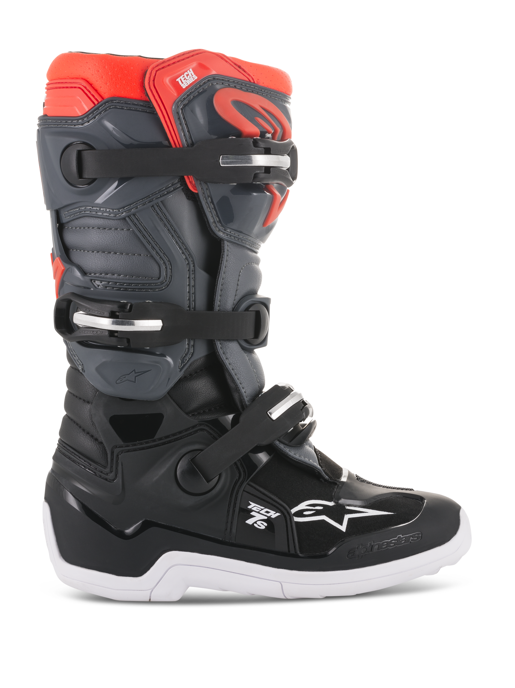 Alpinestars Youth Tech 7S Boots, Motocross Off-road Boots, Black Dark Gray and Red Fluorescent, high-top structure with three adjustable buckles, reinforced toe and heel, thick white sole with grip patterns, durable TPU protection and synthetic upper