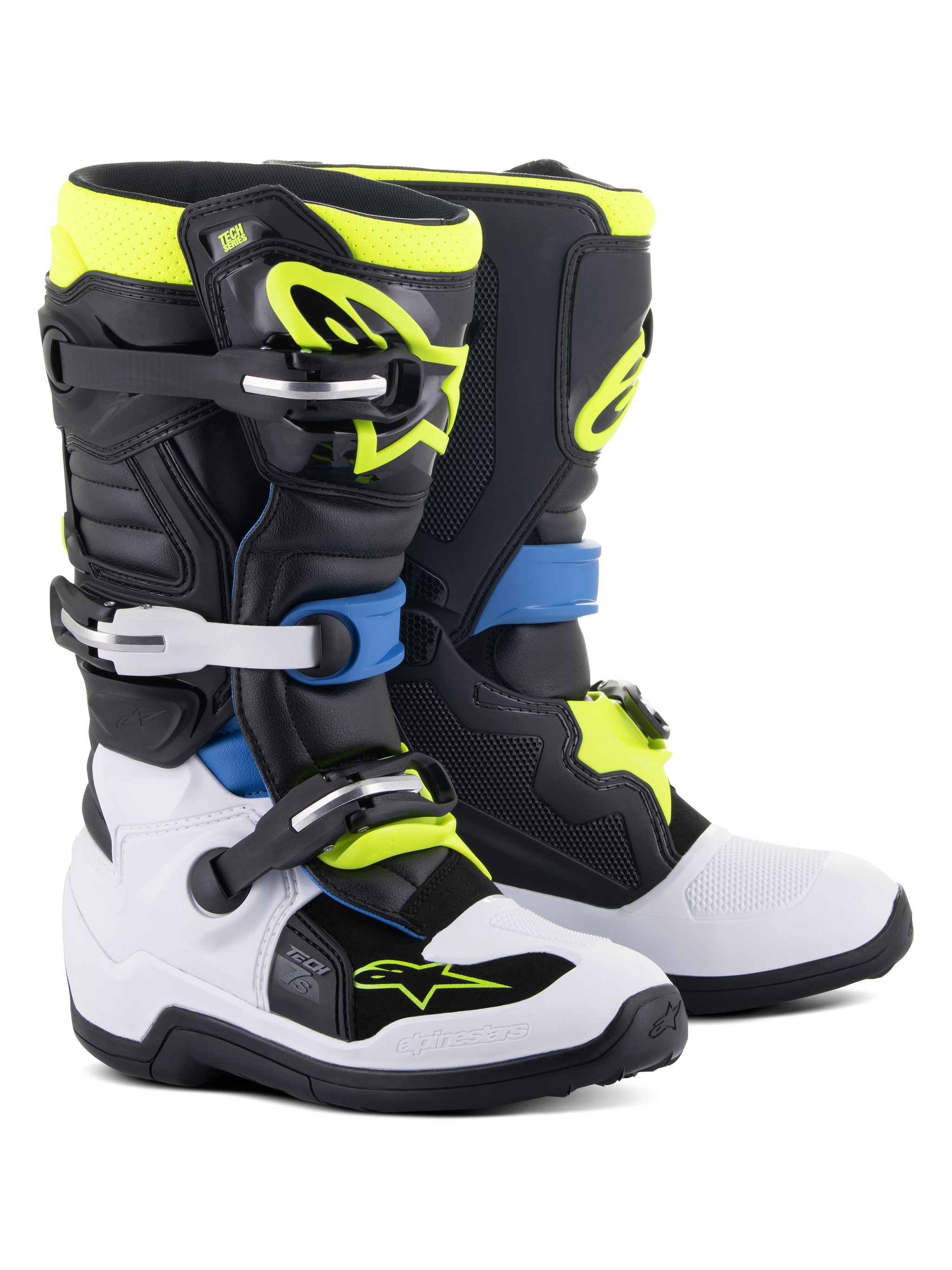 Alpinestars Youth Tech 7S Boots, Motocross Boots, Black Enamel Blue Yellow Fluo and White, featuring high-impact buckle closures, TPU shin plates, and flexible pivot system for junior off-road performance.