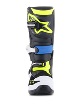 Alpinestars Youth Tech 7S Boots, Motocross Boots, Black Enamel Blue and Yellow Fluo, front view featuring a durable multi-buckle closure system, white toe guard, and vibrant fluorescent yellow Alpinestars logo on the shin plate