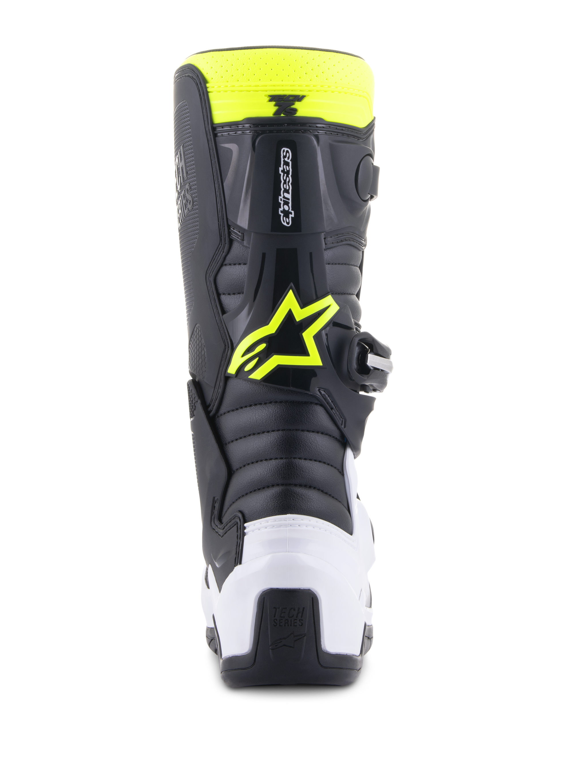 Alpinestars Youth Tech 7S Boots, Motocross Boots, Black, White and Yellow Fluo, rear view featuring a white heel protector and neon yellow Alpinestars logo, durable off-road racing footwear for junior riders
