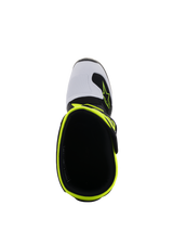 Alpinestars Youth Tech 7S Boots, Motocross Boots, Black White and Yellow Fluo, top-down view showing the interior opening and fluorescent yellow rim, white toe box with Alpinestars logo, high-performance youth protective footwear