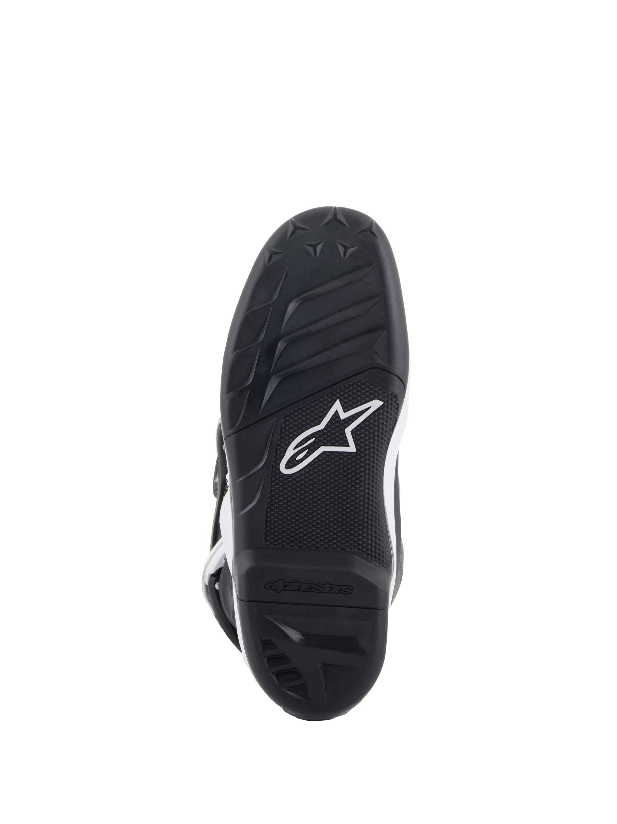 Alpinestars Youth Tech 7S Boots, Bottom Sole View, Black rubber with textured grip pattern and white Alpinestars logo, durable compound construction for youth motocross.