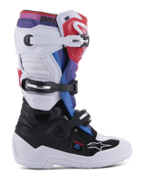 Alpinestars Youth Tech 7S Boots, Motocross Boots for Young Riders, White and Black with Red Blue and Purple accents, featuring a triple buckle closure system, protective TPU panels, and a durable thick white sole