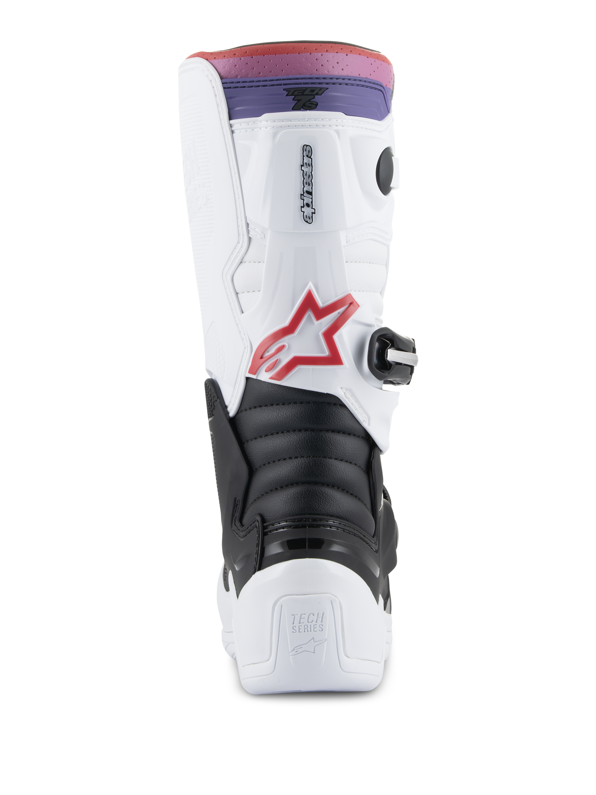 Alpinestars Youth Tech 7S Boots, Motocross Boots, White, Black, and Rainbow, rear view showing heel and calf protection, black accordion flex zone, red star logo, and a pink and purple gradient top band
