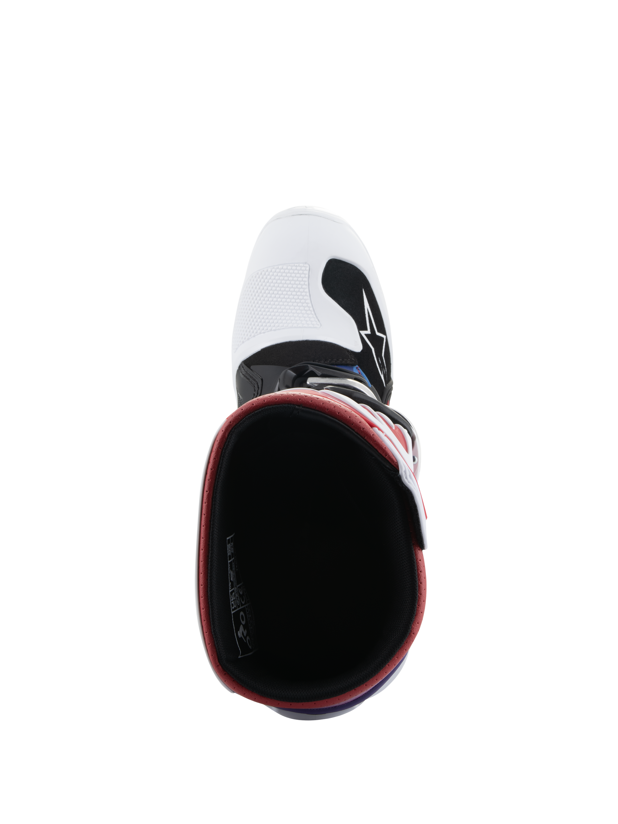 Alpinestars Youth Tech 7S Boots, Motocross Boots, White Black Rainbow, top-down view looking into the boot, black interior with red rim, white toe box with black Alpinestars logo