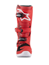 Alpinestars Youth Tech 7S Boots, Youth Motocross Boots, Red, featuring white star logo on the shin, black and silver buckle system, white sole, durable construction for off-road riding, front view