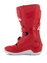Alpinestars Youth Tech 7S Boots, Youth Motocross Boots, Red, featuring a white sole, TPU reinforced panels, multiple buckle closures, and 'TECH SERIES' branding, designed for junior off-road riders