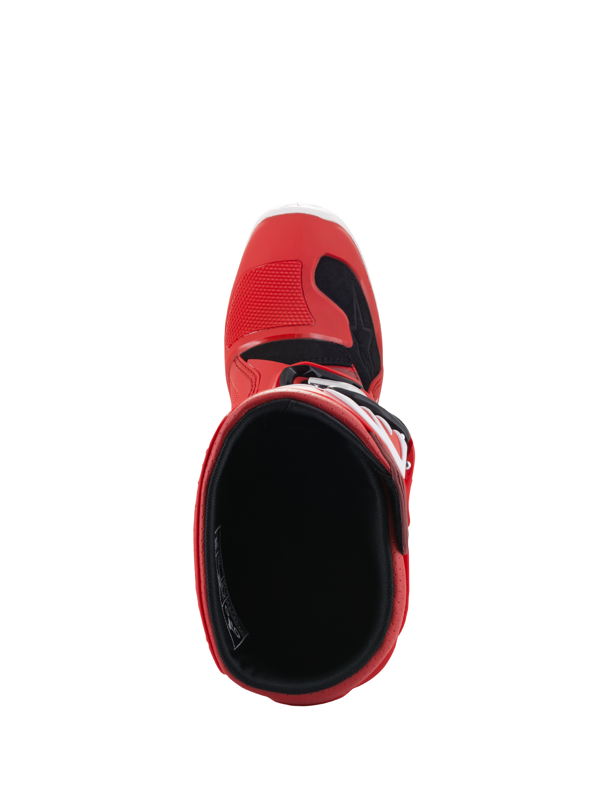 Alpinestars Youth Tech 7S Boots, Motocross Boots, Red, top-down view showing the interior lining and opening, red outer shell with black and white accents, designed for junior off-road riders
