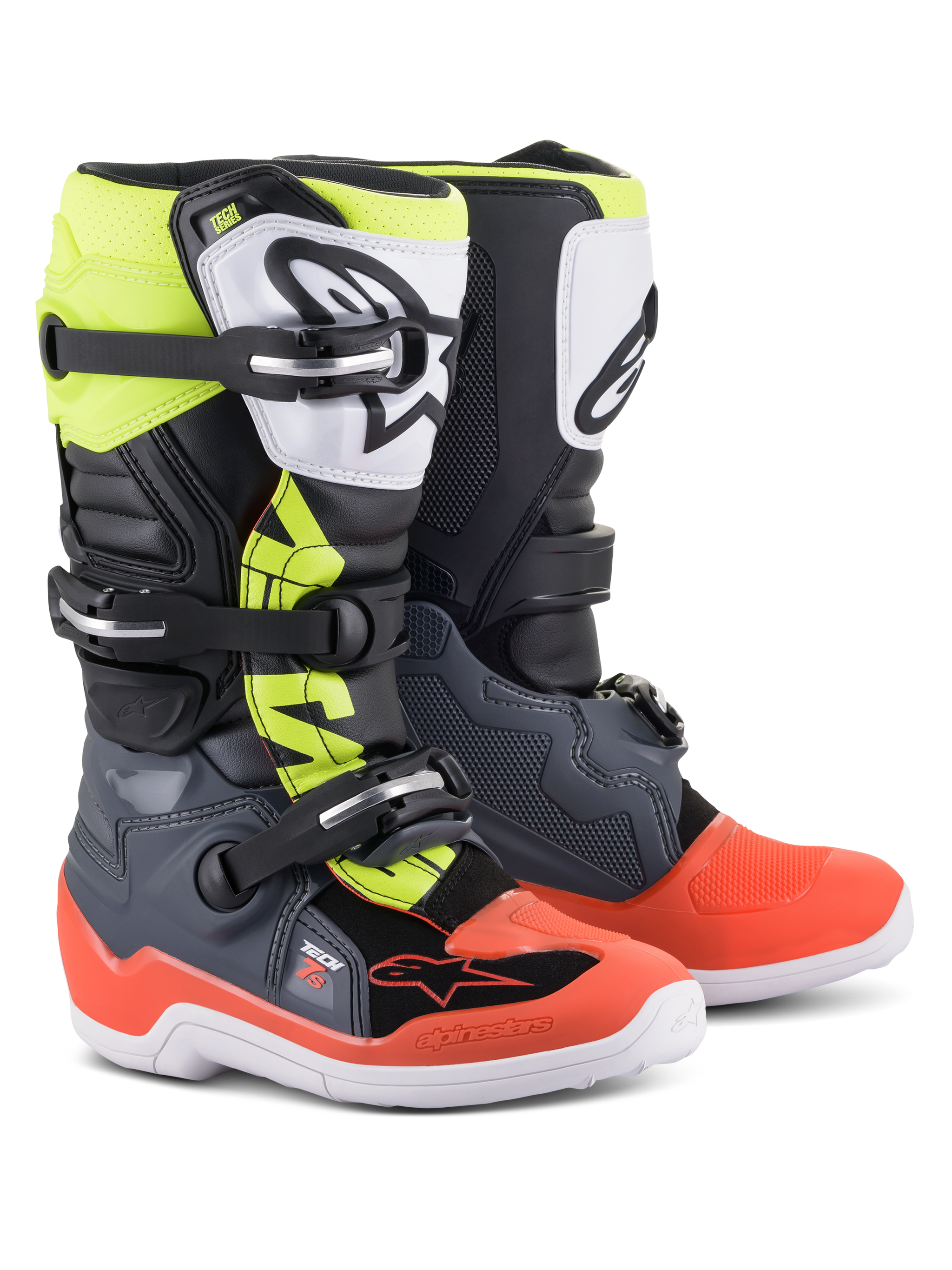 Alpinestars Youth Tech 7S Boots, Motocross Boots, Dark Gray with Red and Yellow Fluorescent accents, featuring a white TPU shin plate with black logo, triple buckle closure system, and durable white sole, designed for junior off-road riders.